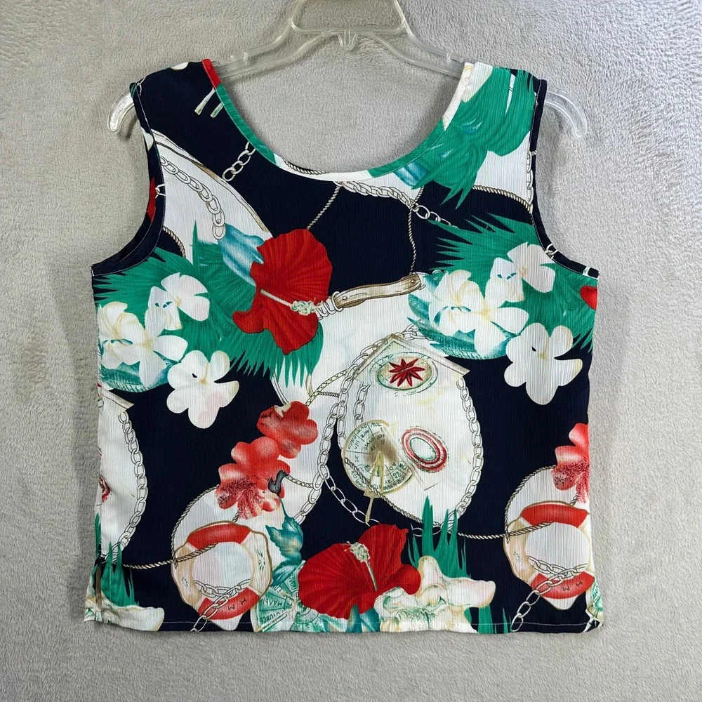 TanJay Petite Womens 2 Piece Set Shirt Tank Nautical Tropical Floral Navy Red 12